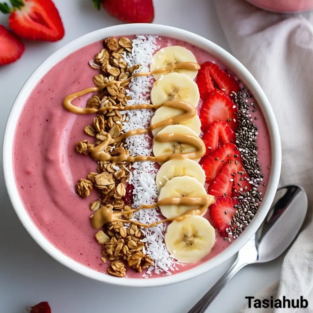 A photo of strawberry smoothie bowl