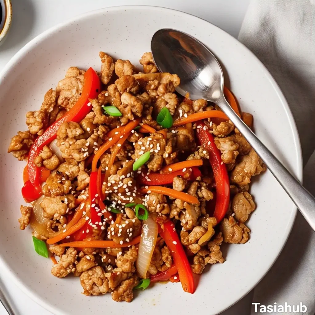 A white bowl of ground turkey stir fry