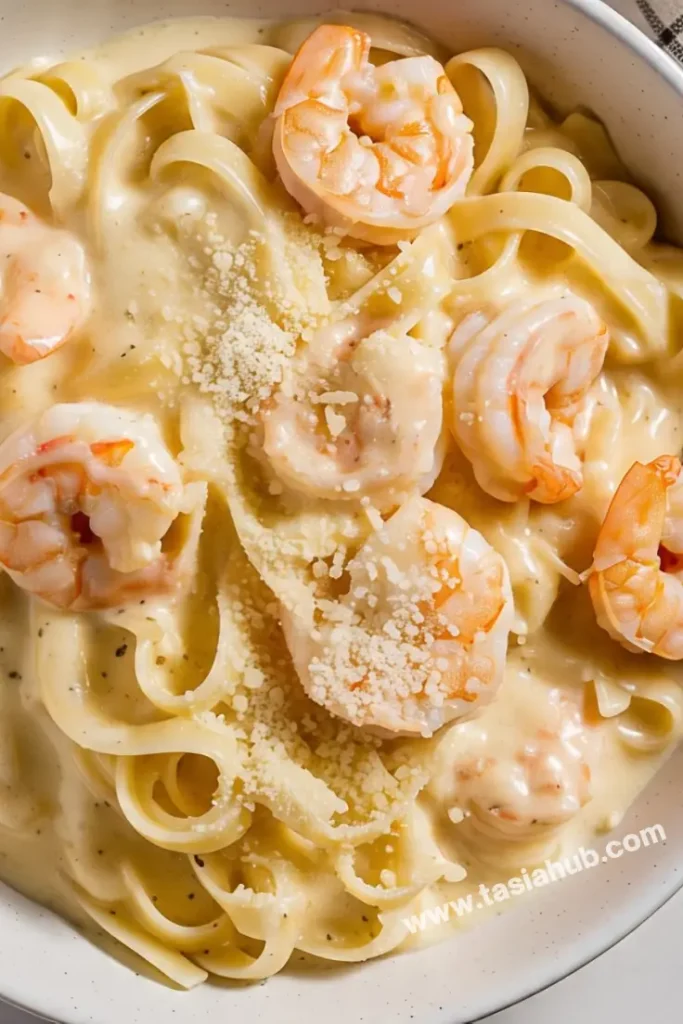 Creamy fettuccine Alfredo and shrimp