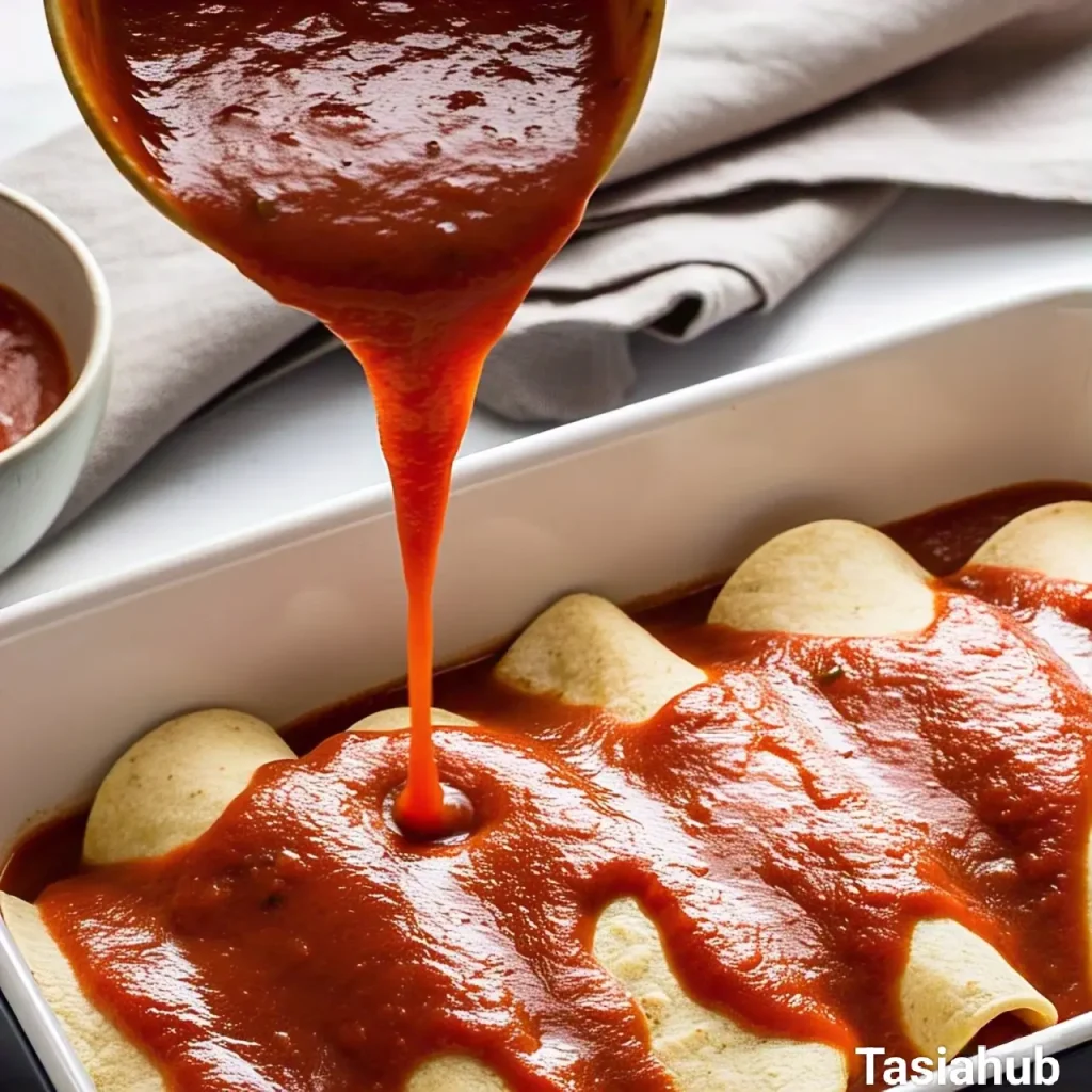 Enchilada sauce poured over tortillas