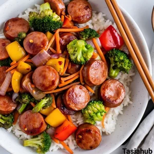 A bowl of sausage stir fry