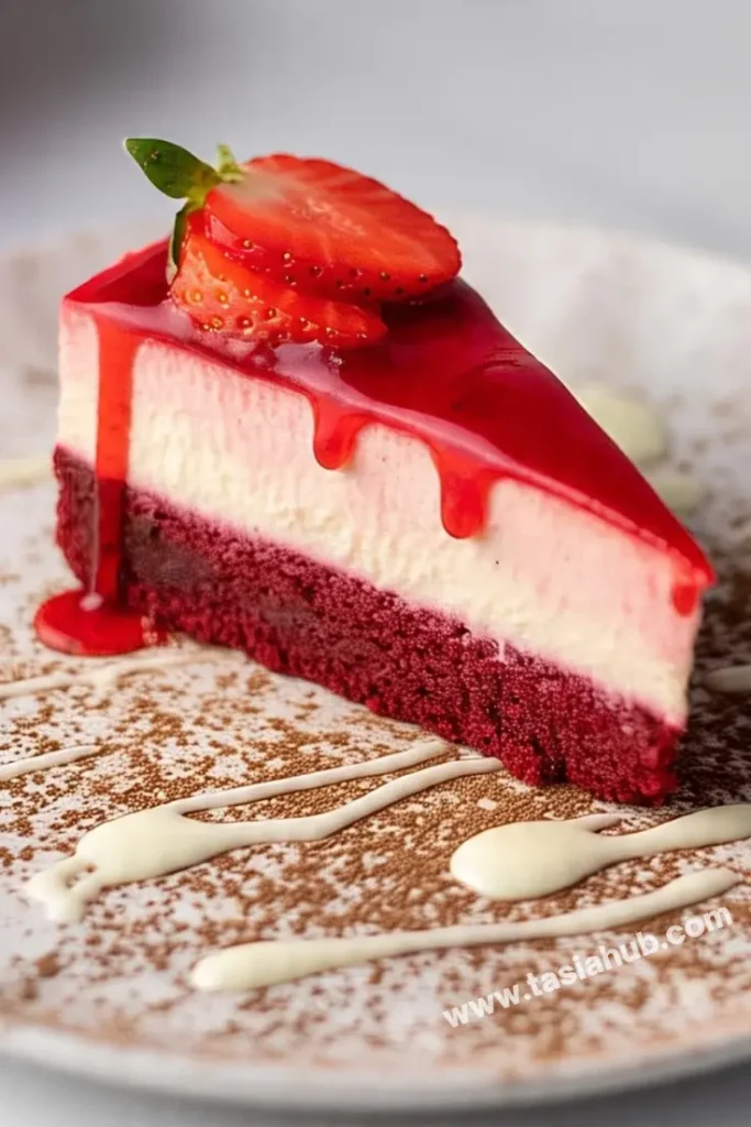a slice of red velvet strawberry cheesecake