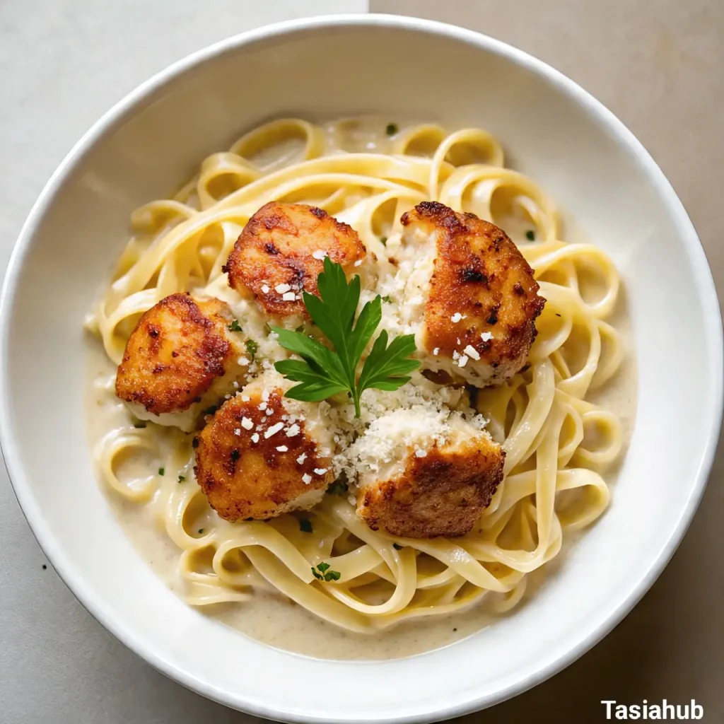 Garlic butter chicken bites with creamy pasta