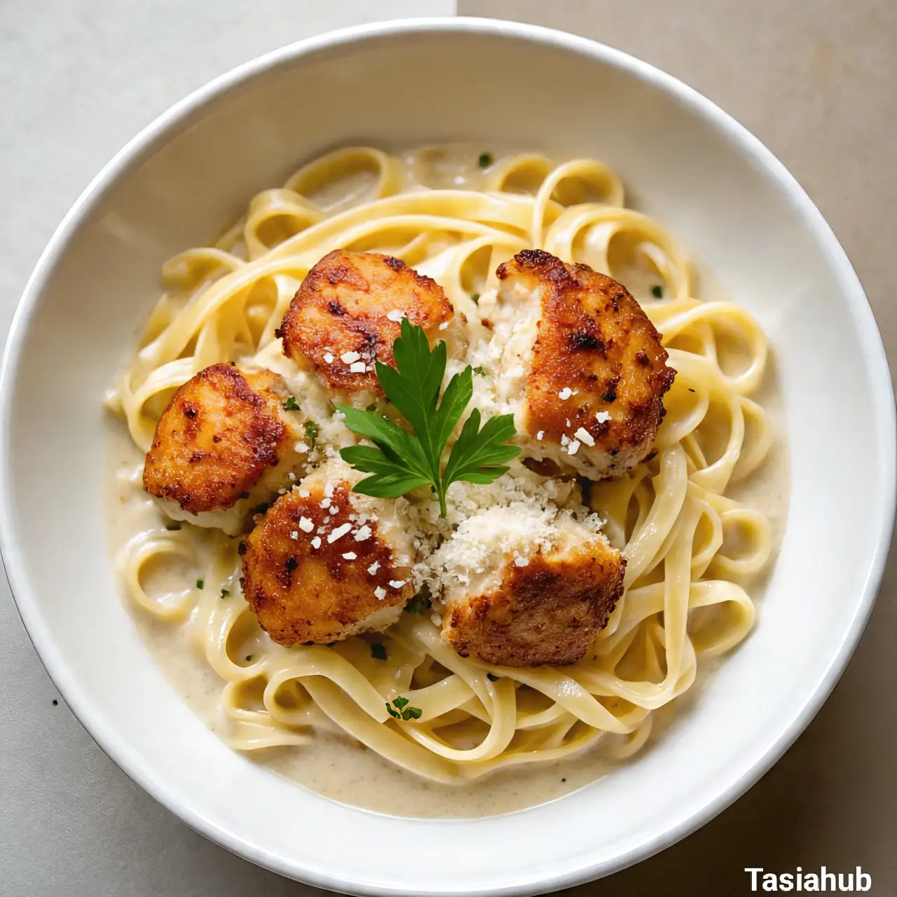 Garlic butter chicken bites with creamy pasta