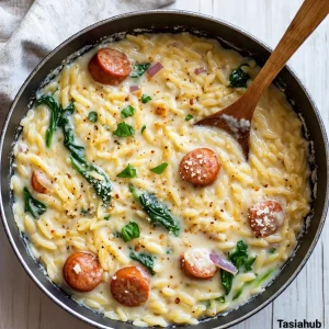 Creamy chicken sausage orzo skillet