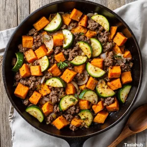 Ground beef zucchini sweet potato skillet