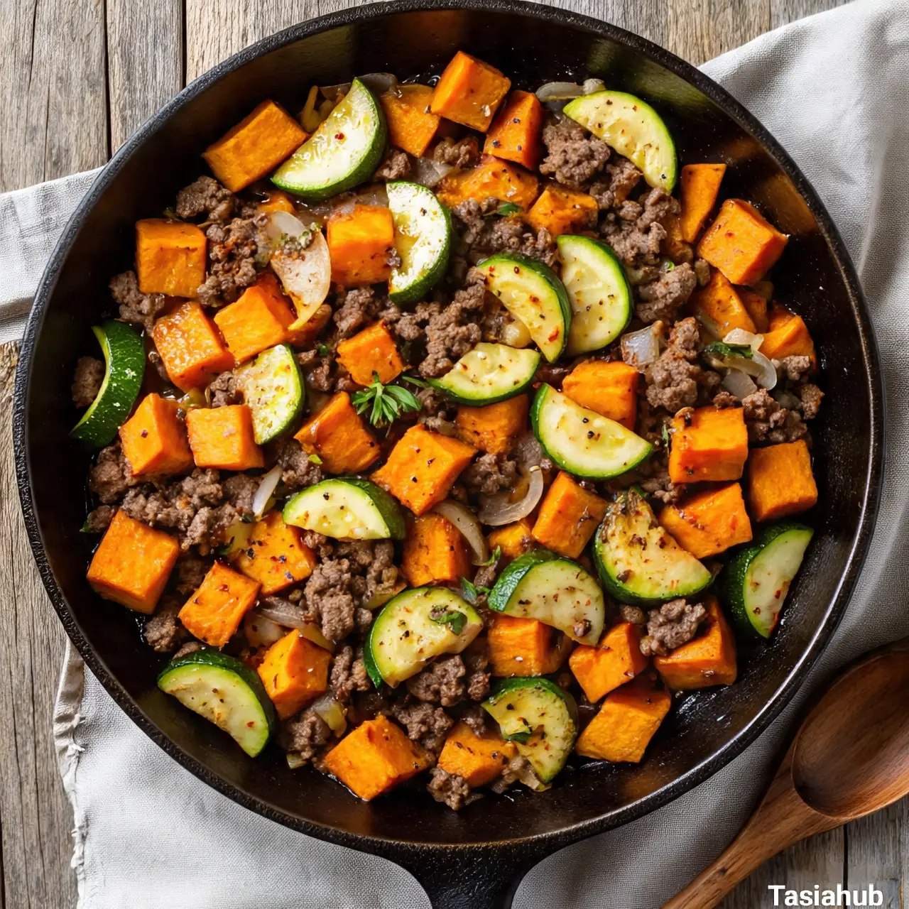 Ground beef zucchini sweet potato skillet
