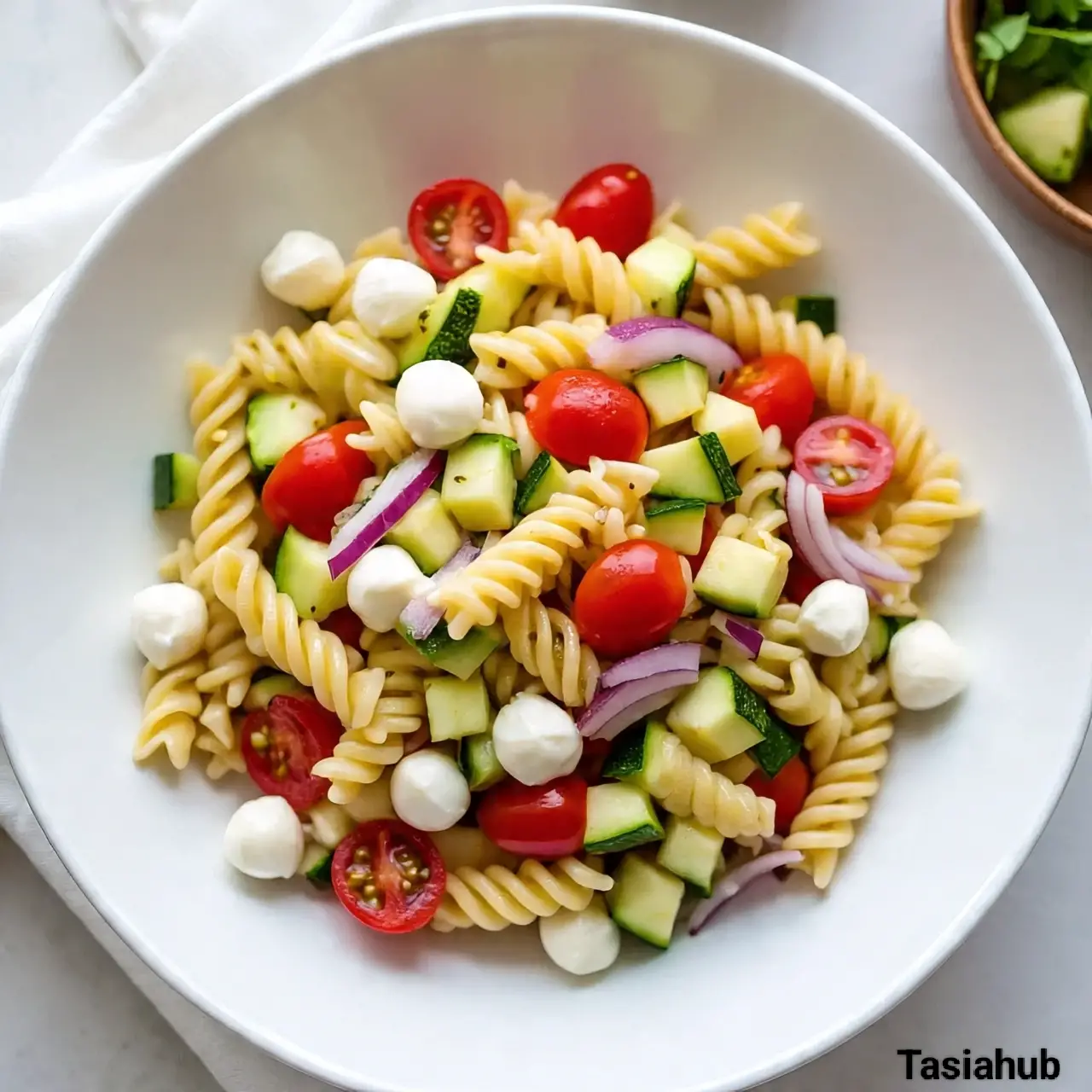 Tomato zucchini pasta salad