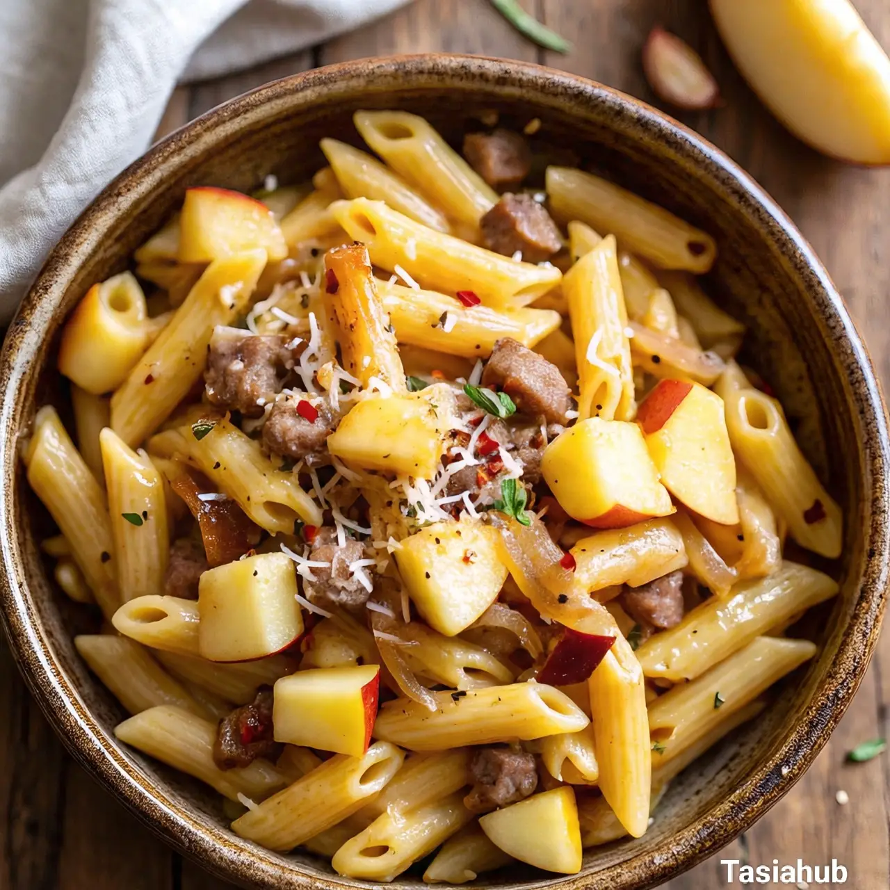 Caramelized onion apple and sausage pasta