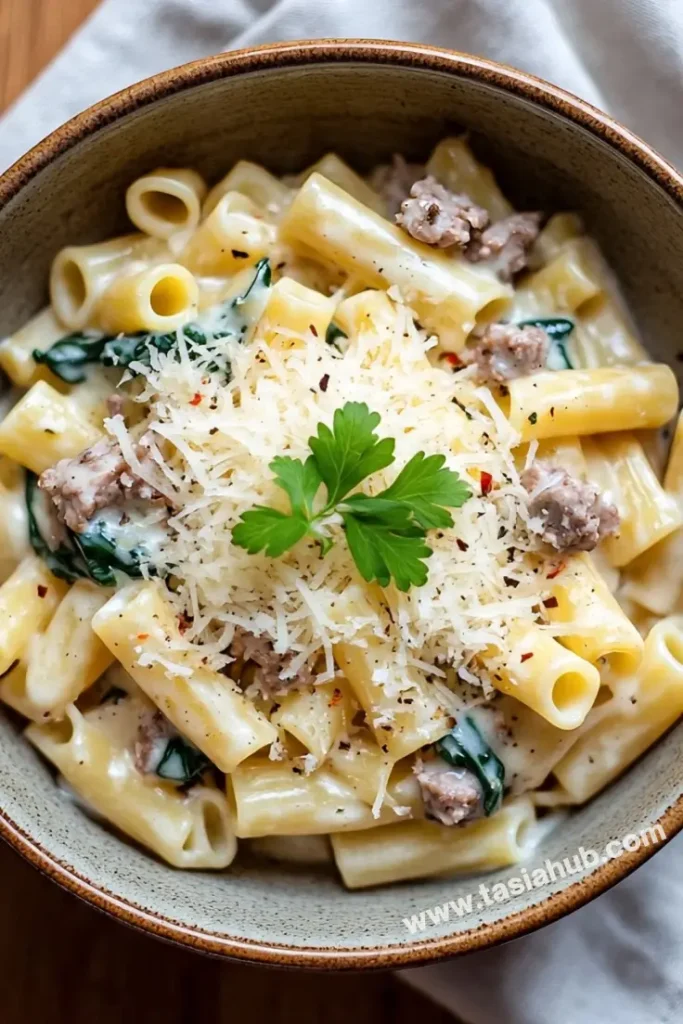 creamy sausage and spinach rigatoni