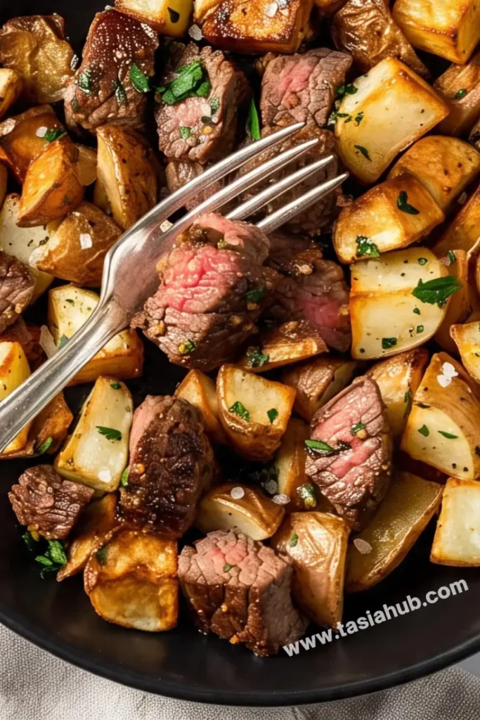 garlic cubed steak and potatoes