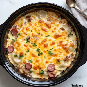 Crockpot pierogi casserole with kielbasa