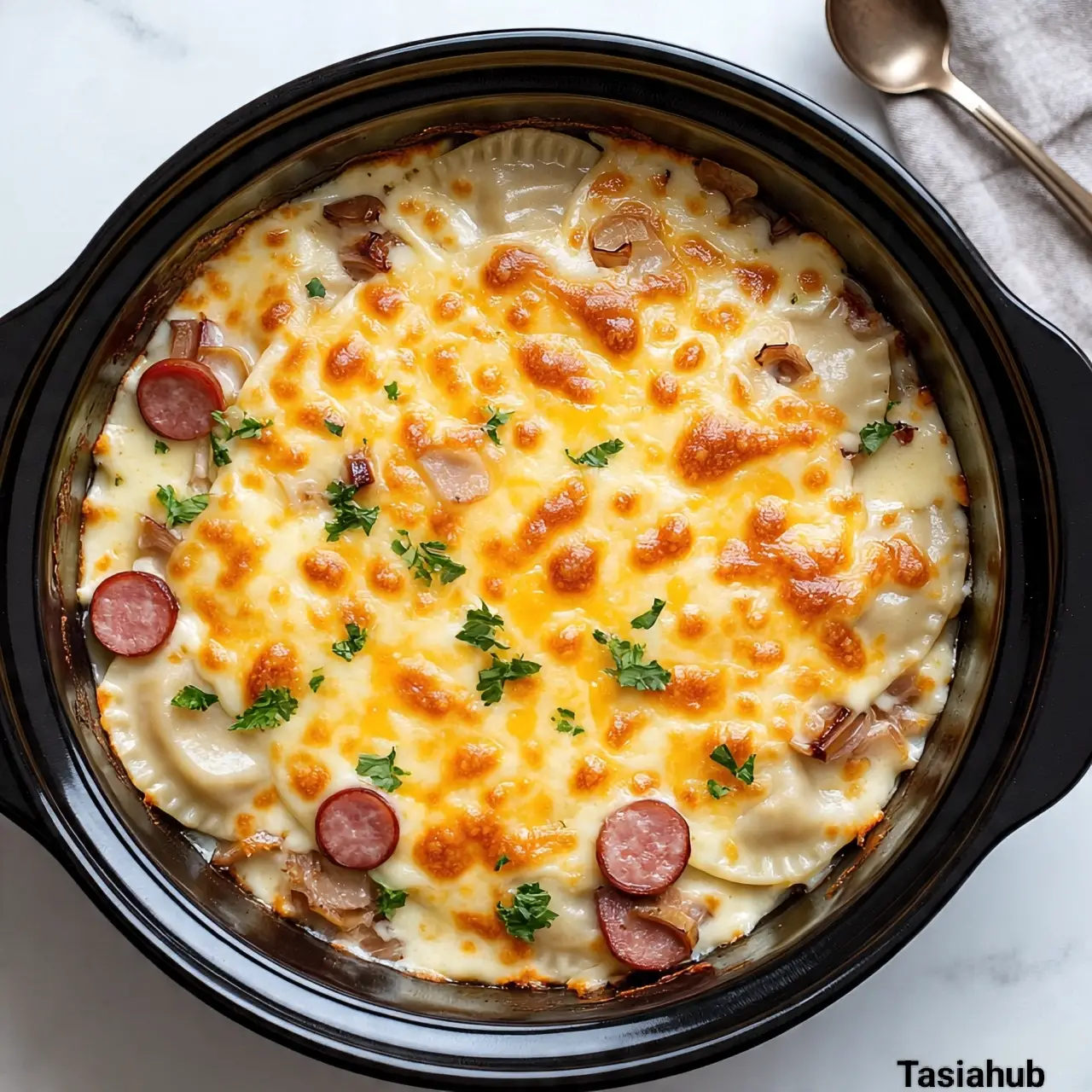 Crockpot Pierogi Casserole with Kielbasa