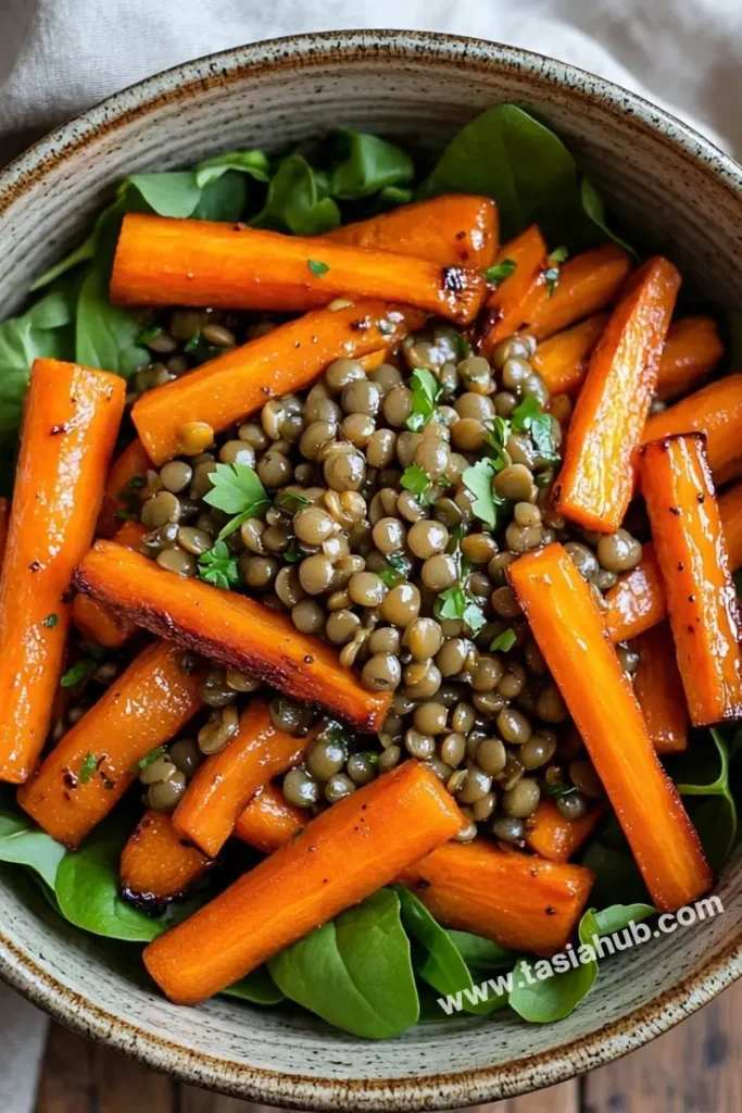 maple roasted carrot and lentil salad
