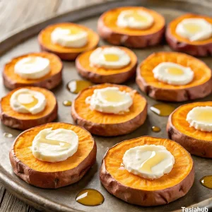 Roasted sweet potato rounds with goat cheese