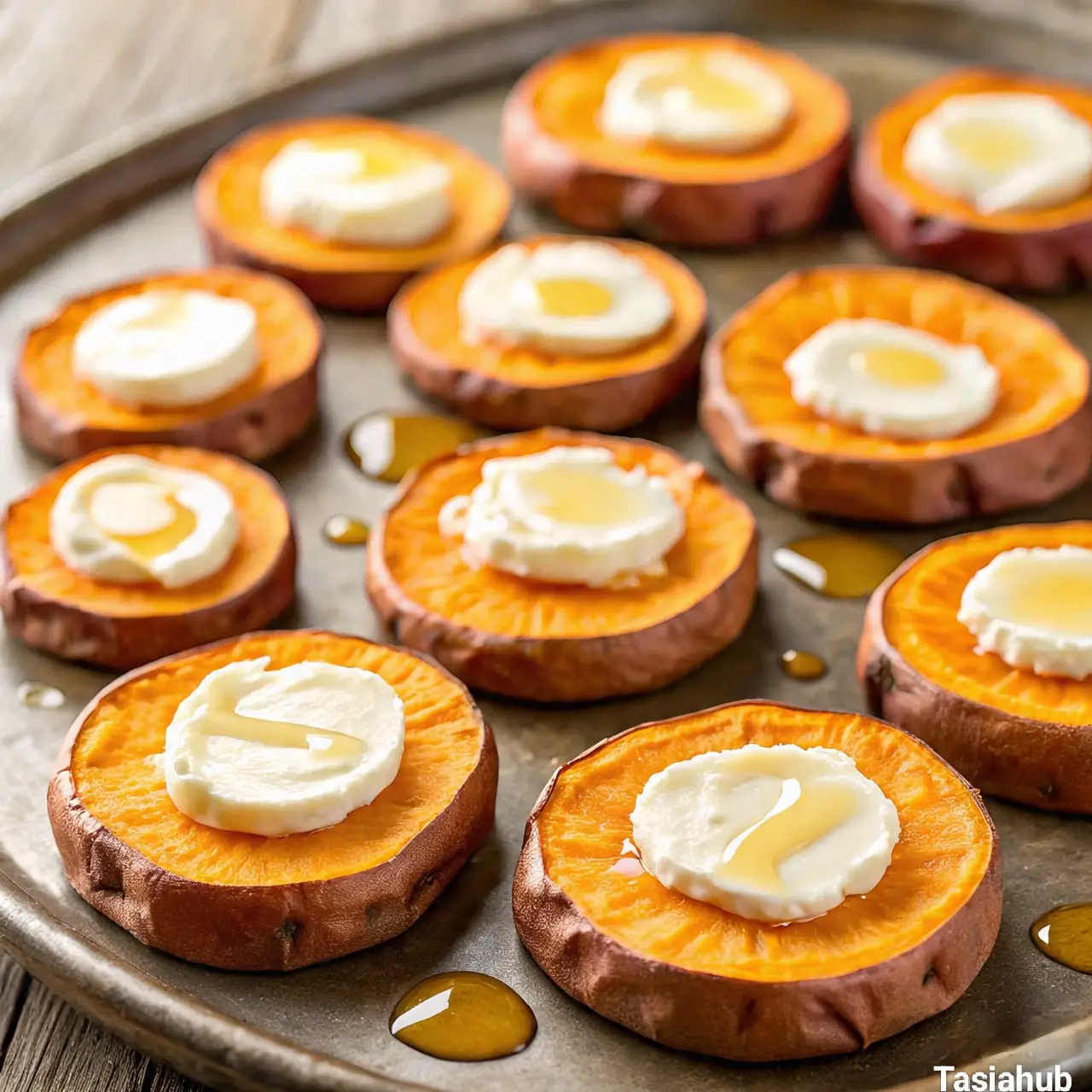 Roasted sweet potato rounds with goat cheese