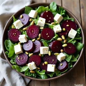 Roasted beet goat cheese and pistachio salad