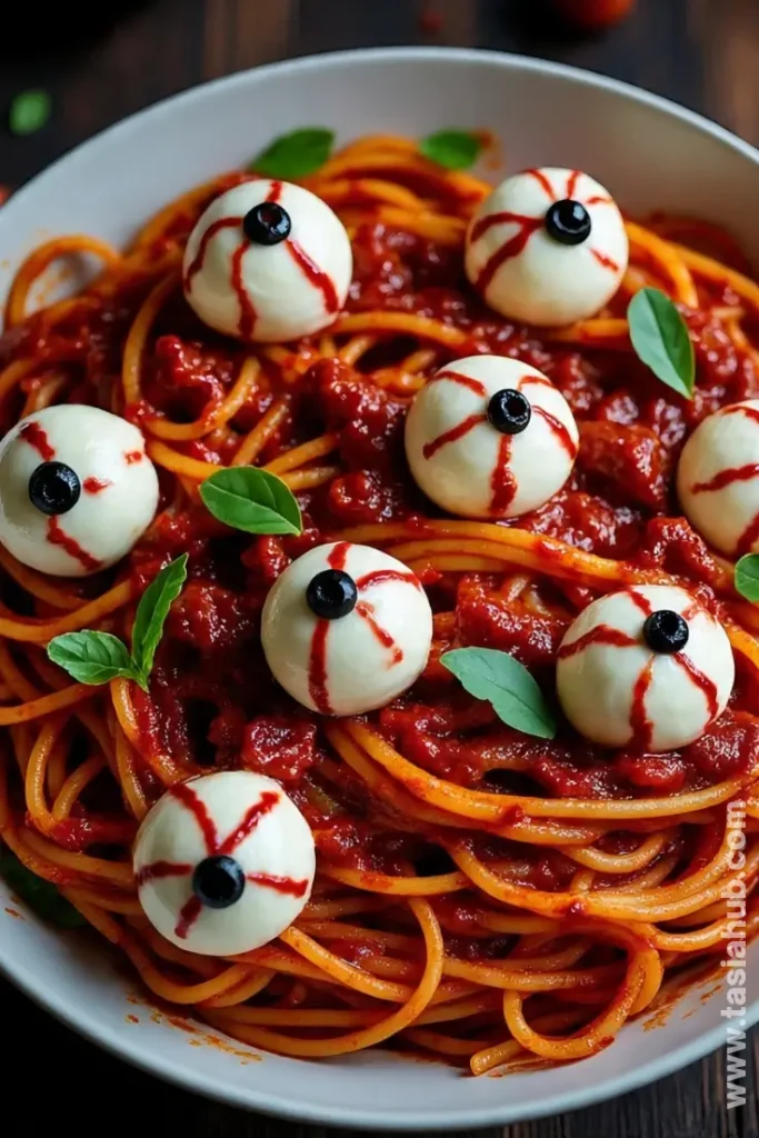 bloody spaghetti with mozzarella eyeballs