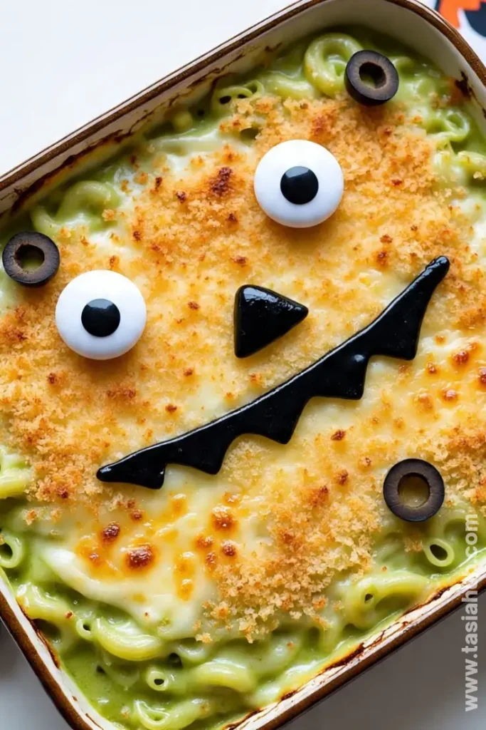 green spooky mac and cheese