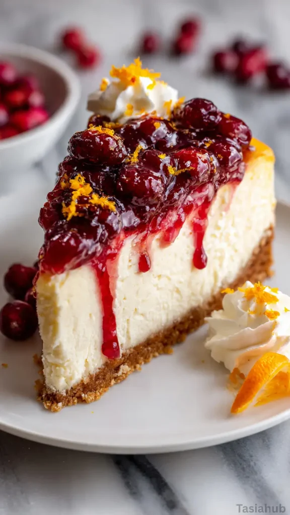 slice of cranberry orange cheesecake