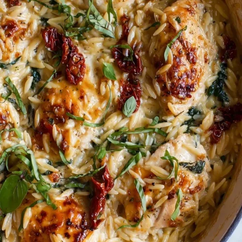 Dump and bake Tuscan chicken orzo