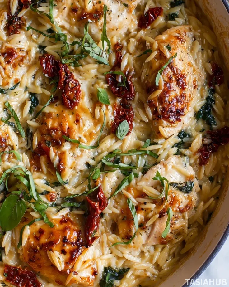 Dump and Bake Tuscan Chicken Orzo