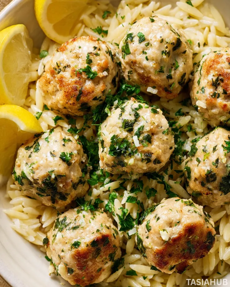 Greek Chicken Meatballs with Lemon Orzo