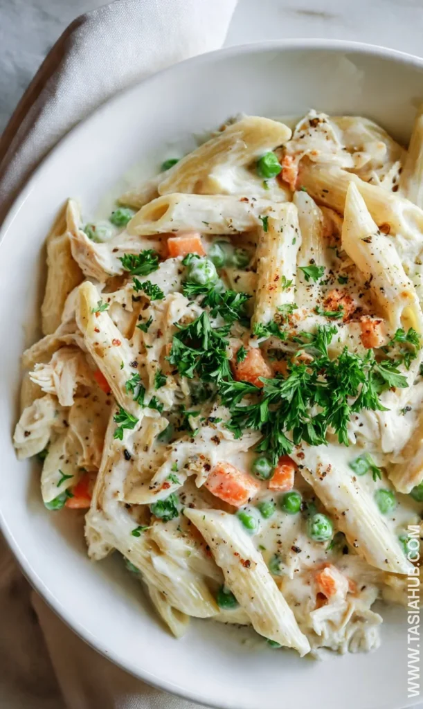 creamy chicken pot pie pasta dish