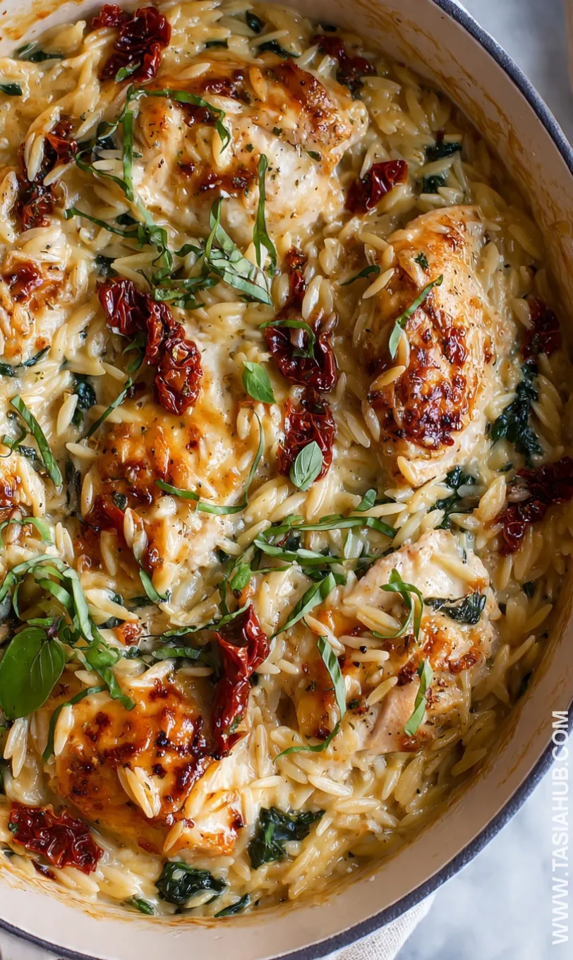 dump and bake Tuscan chicken orzo