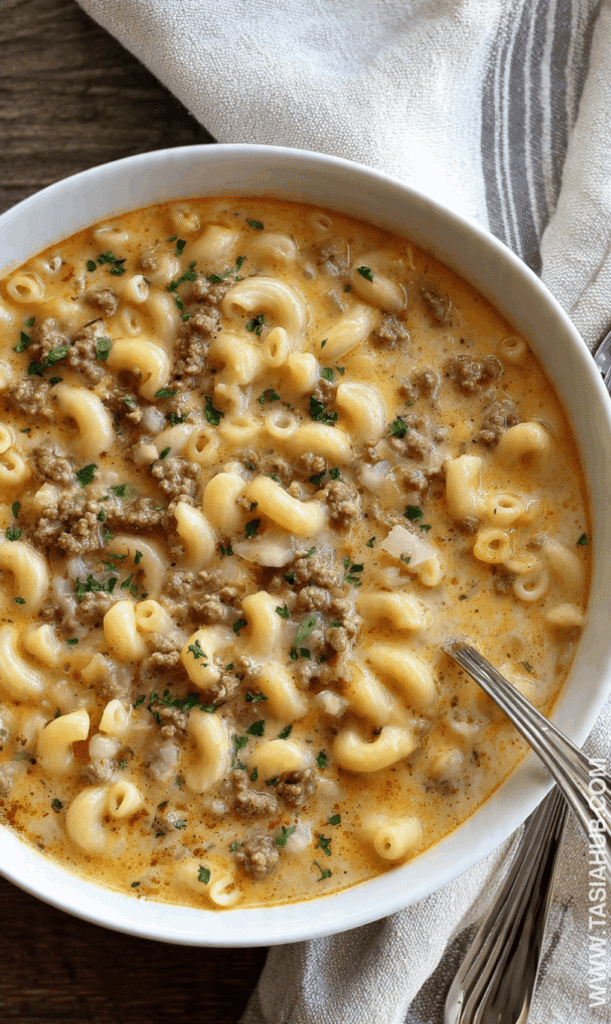 Macaroni cheeseburger soup recipe