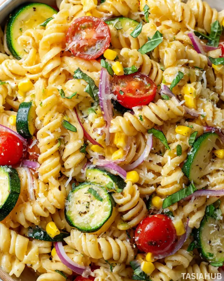 Tomato zucchini corn pasta salad