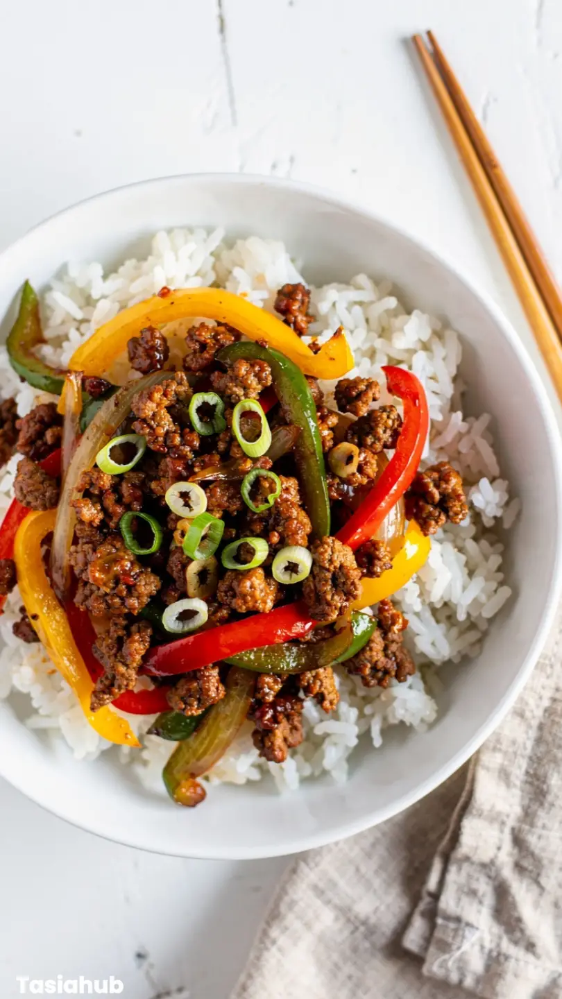 Ground Beef And Pepper Rice Bowl