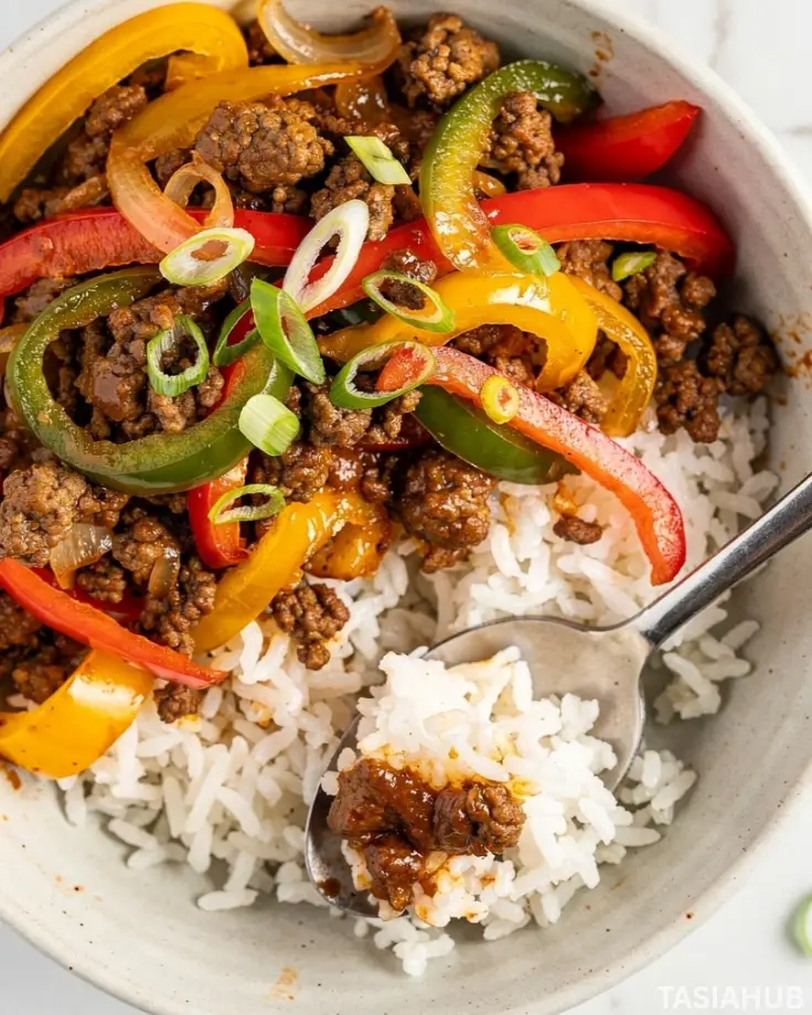 Ground Beef And Pepper Rice Bowls recipe