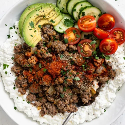 Ground Beef Cottage Cheese Bowl dish