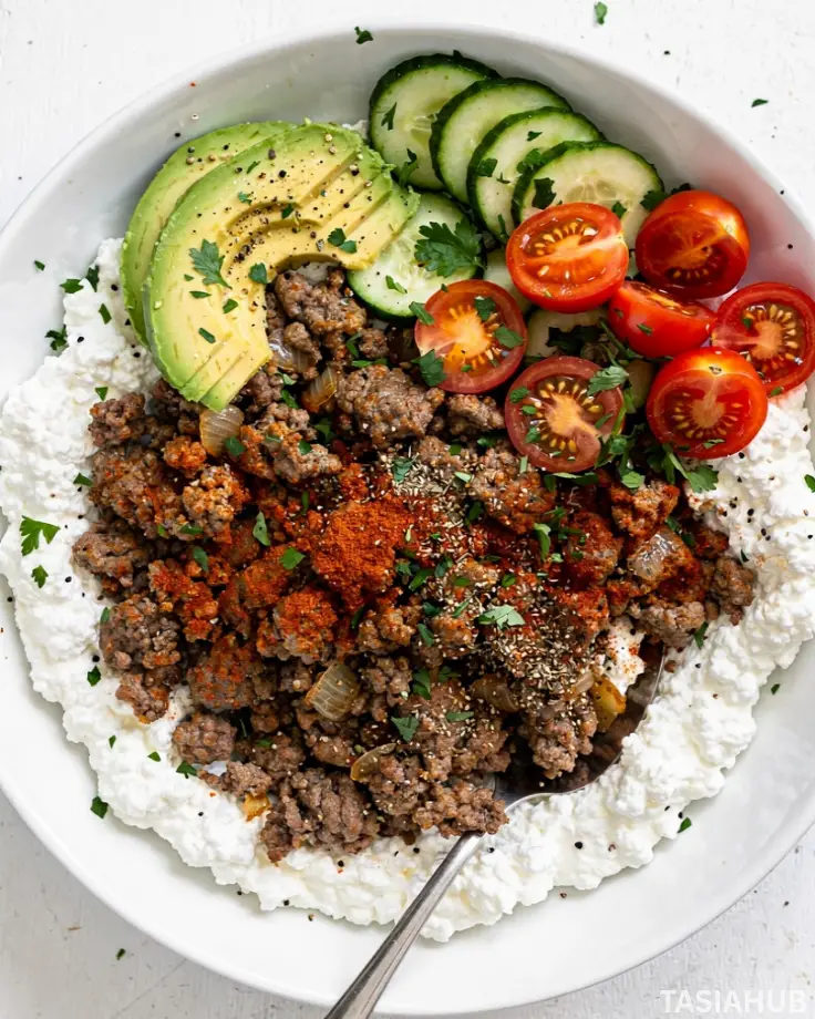 Ground Beef Cottage Cheese Bowl dish