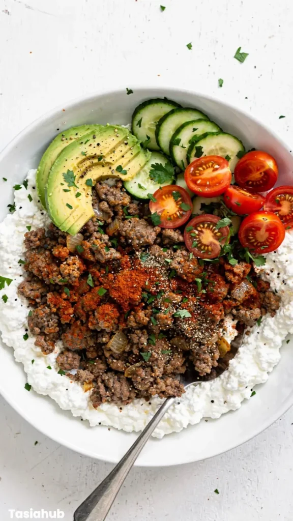 Ground Beef Cottage Cheese Bowl recipe