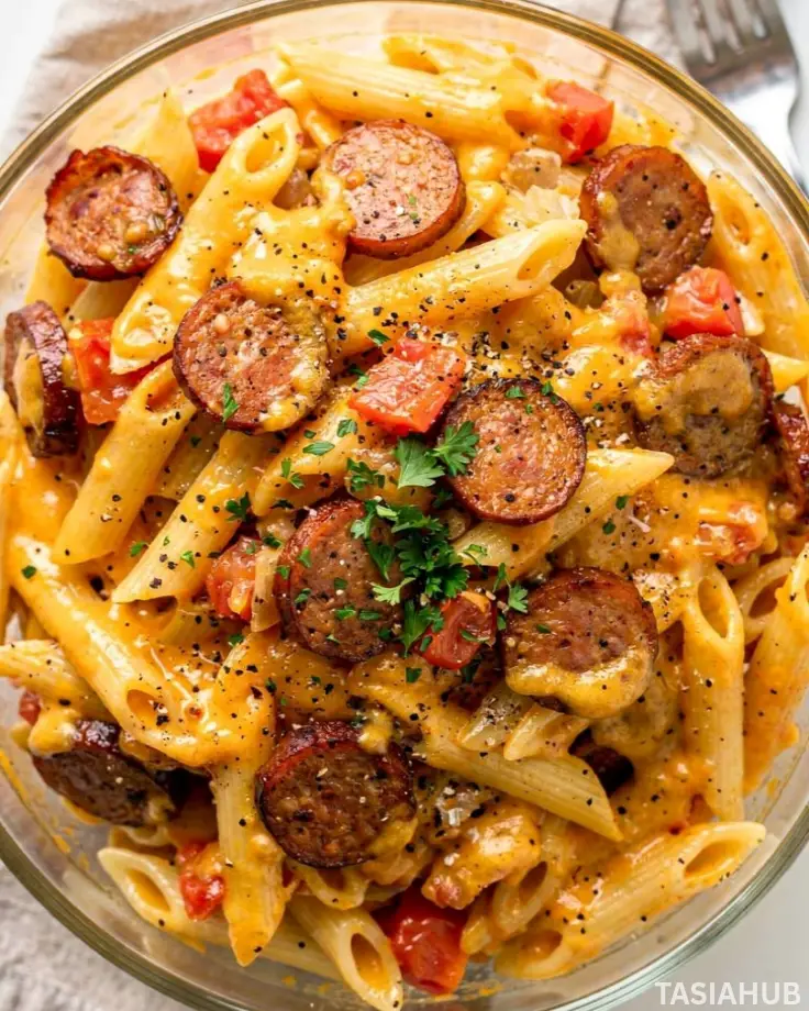 One Pot Smoked Sausage Pasta bowl
