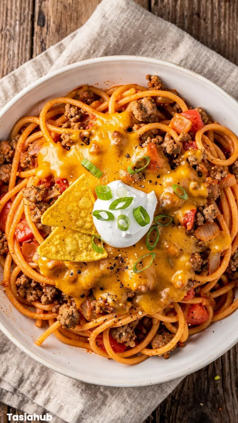 One Pot Taco Spaghetti bowl